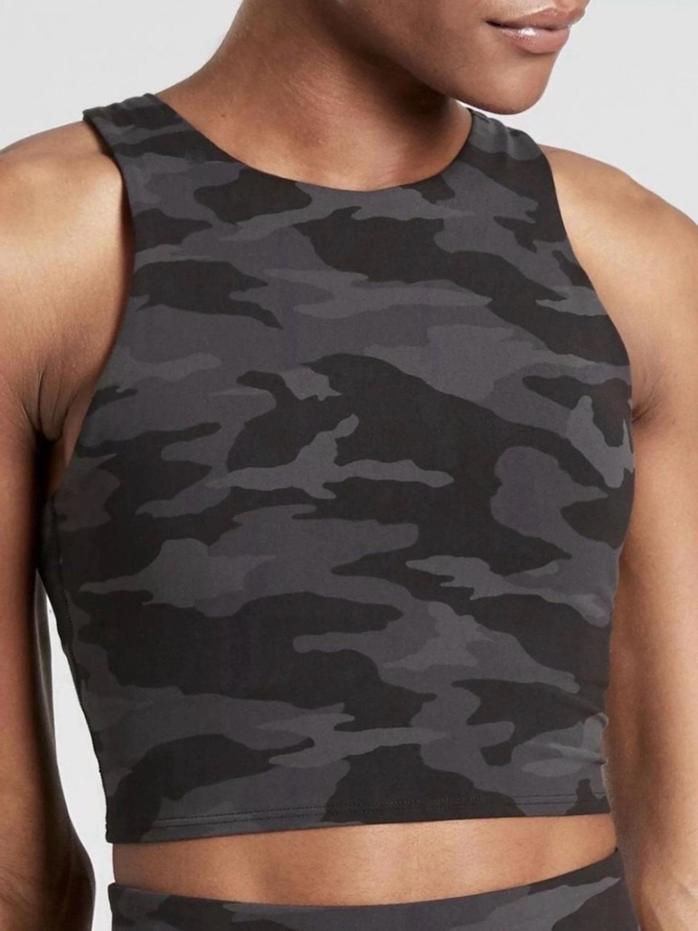 Athleta Conscious Crop Camo Black & Gray High-Neck Tank, Medium, Built-in Bra